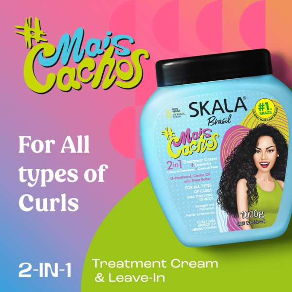 SKALA Mais Cachos 2-in-1 Curl Defining Cream – Leave-In & Deep Conditioning Treatment for Curly Hair (Type 3ABC), Enriched with Shea Butter & Castor Oil, 35.2oz (1kg)