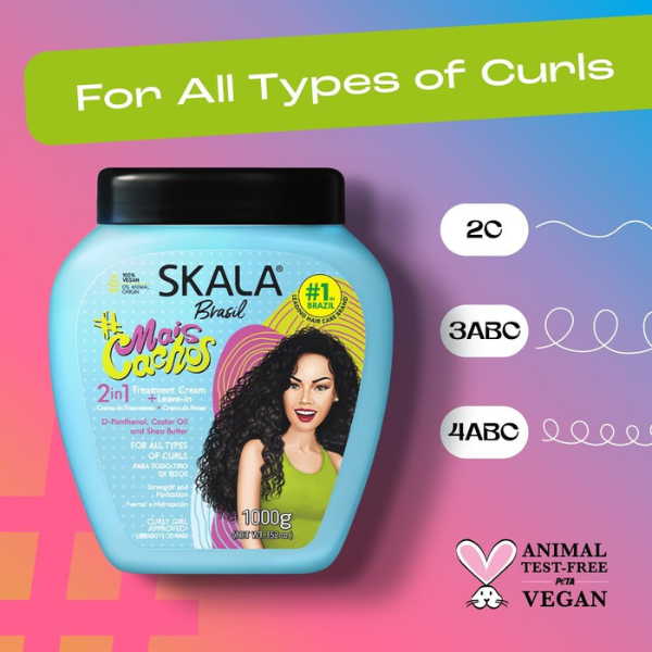 SKALA Mais Cachos 2-in-1 Curl Defining Cream – Leave-In & Deep Conditioning Treatment for Curly Hair (Type 3ABC), Enriched with Shea Butter & Castor Oil, 35.2oz (1kg)