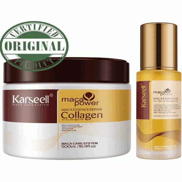 Karseell Collagen Hair Treatment - Deep Repair Mask 500ml - Maca Oil Hair Serum For Dry Damaged Hair 50ml - All Hair Types